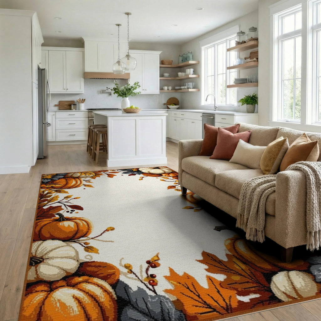 Autumn Pumpkin Leaf Border Rug - Living Room View