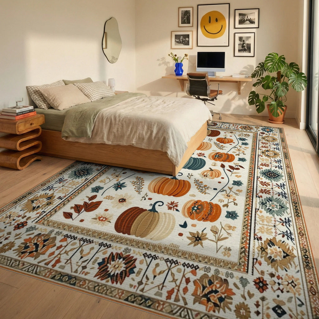 Autumn Pumpkin Patch Garden Pattern Rug - Bedroom View