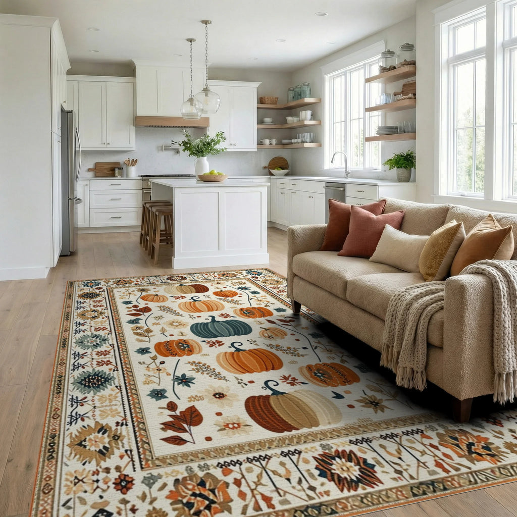 Autumn Pumpkin Patch Garden Pattern Rug - Living Room View