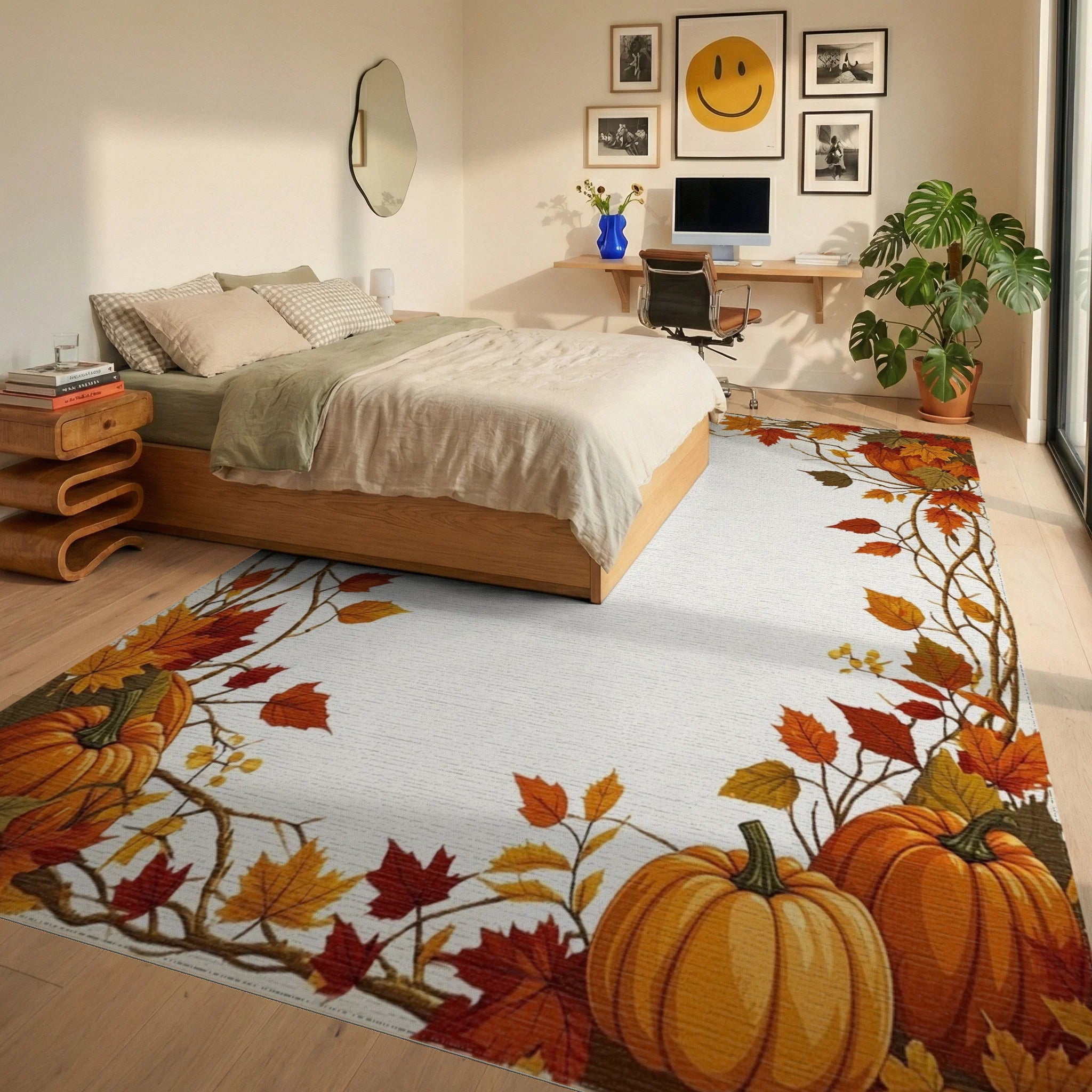 Autumn Pumpkins And Leafy Vines Design Rug - Bedroom View