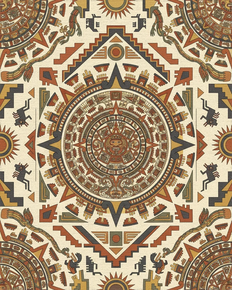 Aztec Sun Stone Geometric Medallion Accents Rug - Cutout View