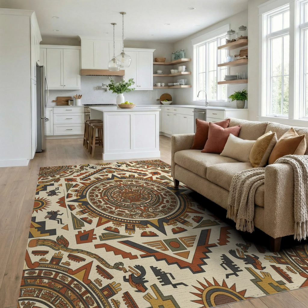 Aztec Sun Stone Geometric Medallion Accents Rug Living Room View