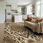 Aztec Sun Stone Geometric Medallion Accents Rug Living Room View