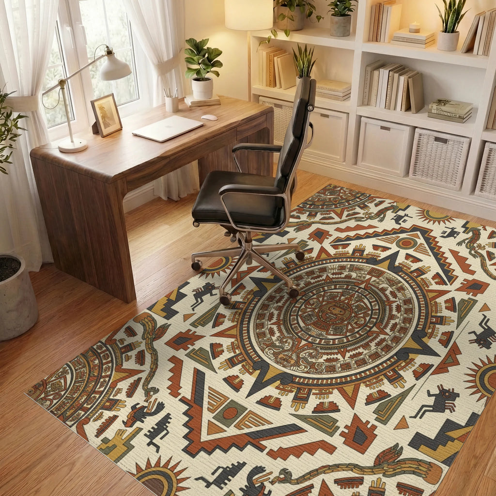 Aztec Sun Stone Geometric Medallion Accents Rug Office View