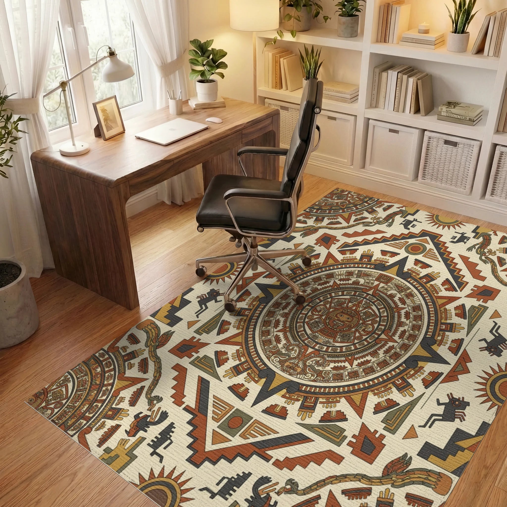 Aztec Sun Stone Geometric Medallion Accents Rug Office View
