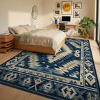 Azure Diamond Aztec Geometric Rug - Bedroom View