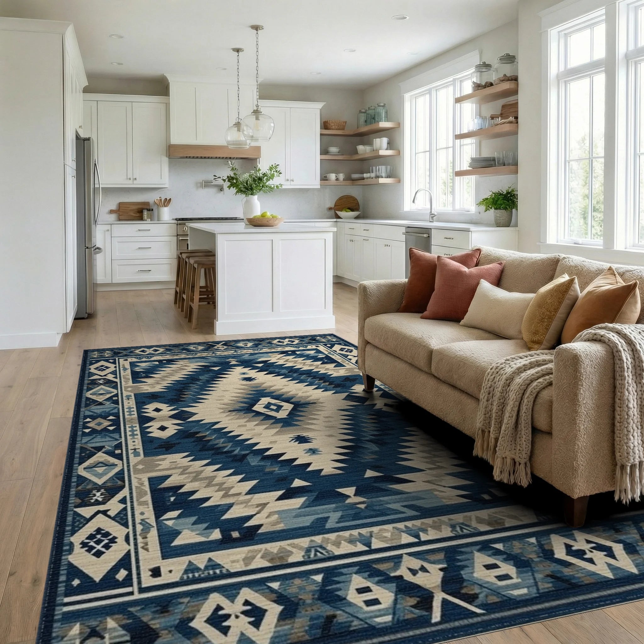 Azure Diamond Aztec Geometric Rug - Living Room View