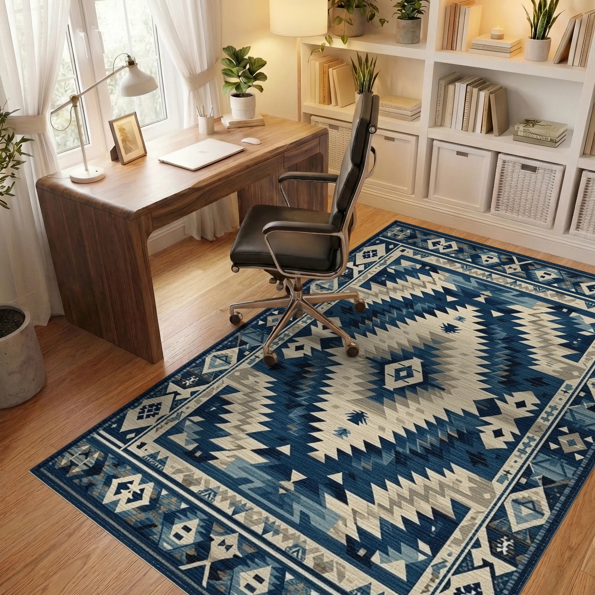 Azure Diamond Aztec Geometric Rug - Office View