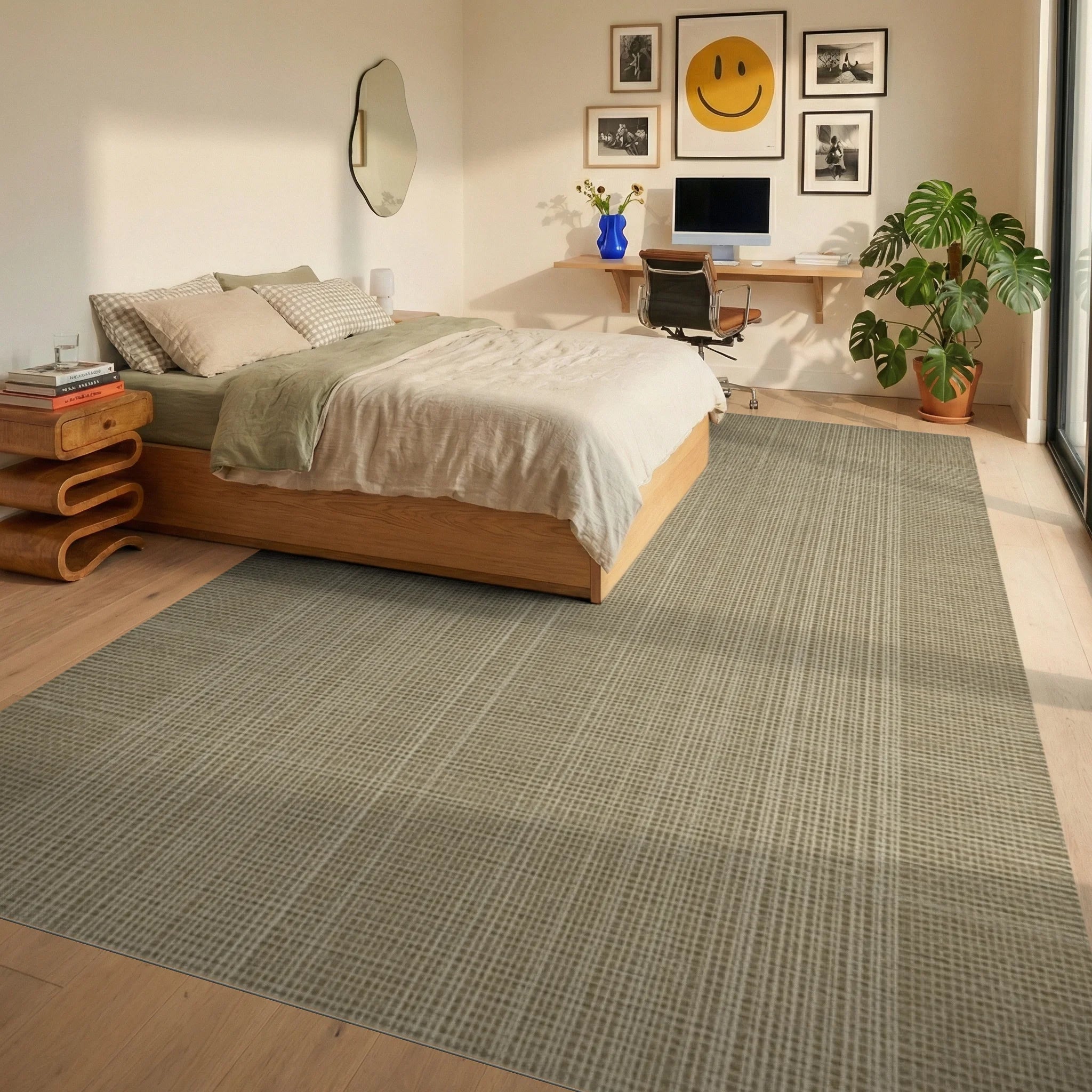 Beige Cream Linear Rug - bedroom