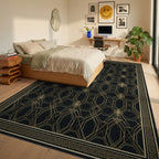 Geometric Gold And Black Grid Rug - bedroom