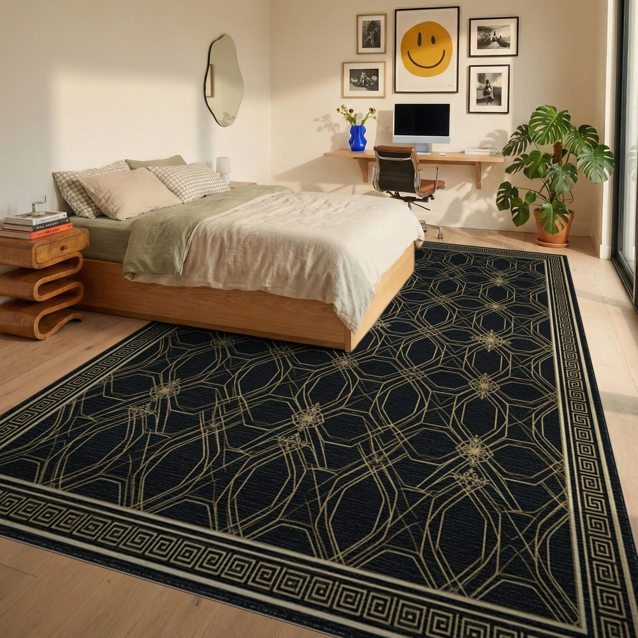 Geometric Gold And Black Grid Rug - bedroom