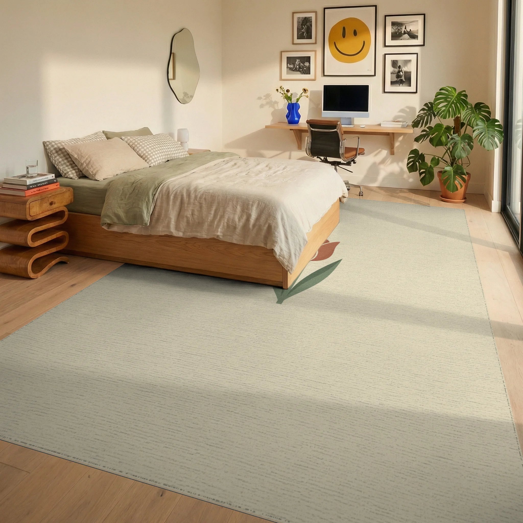 Cream Green Geometric Rug - bedroom