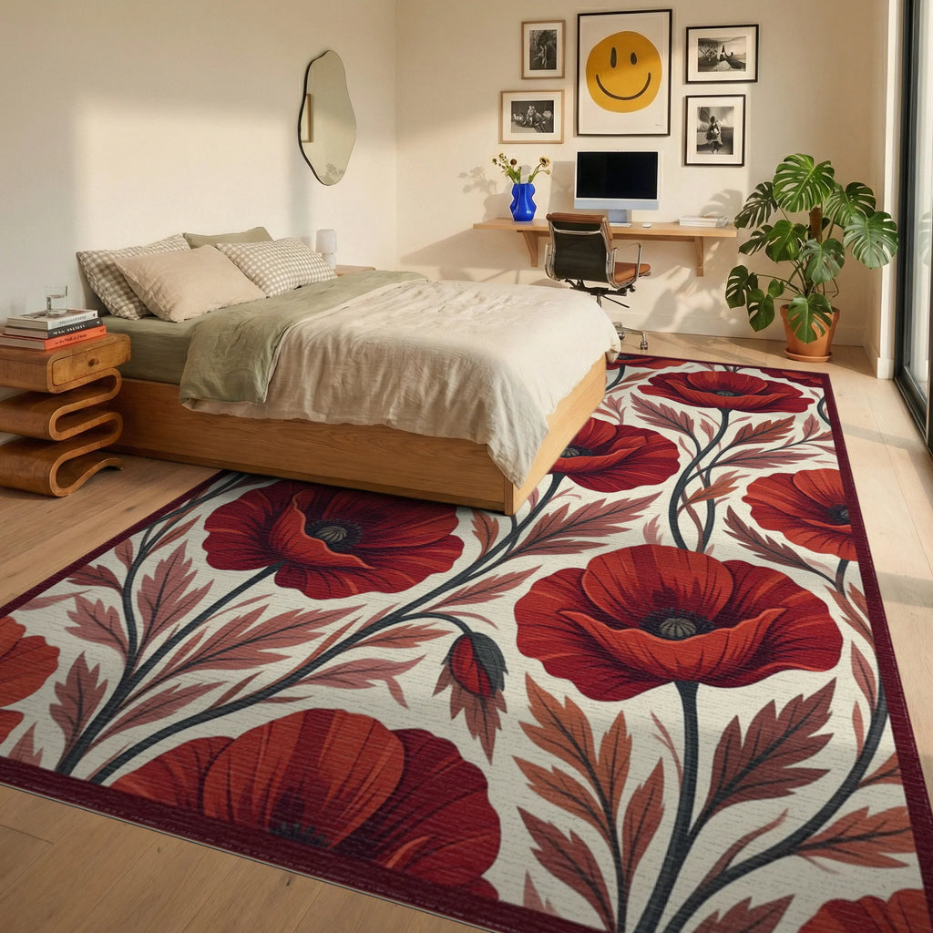 Crimson Red White Rug - bedroom