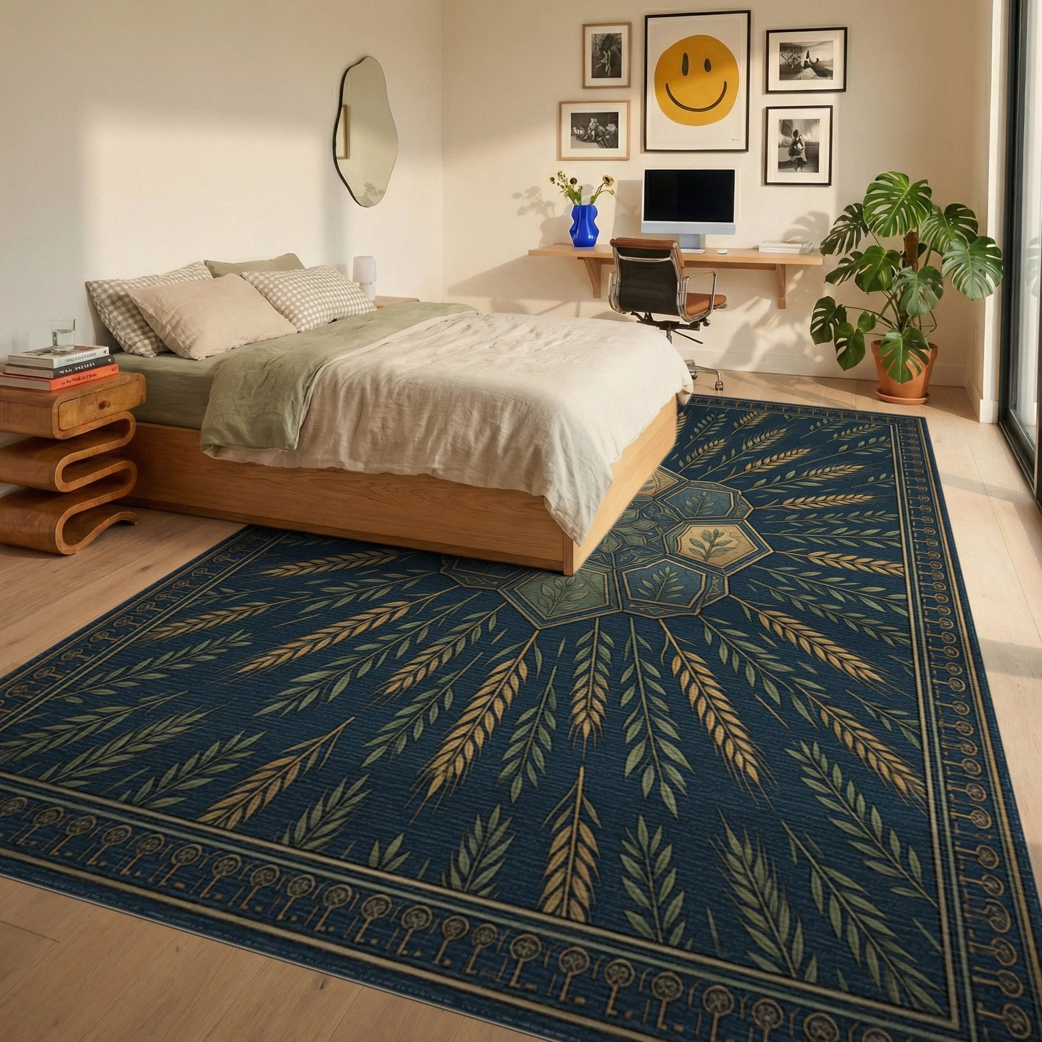 Slate Blue Geometric Hexagon Rug - bedroom