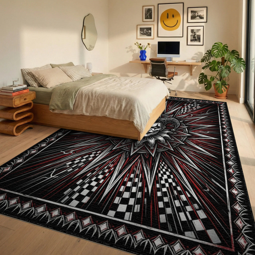 Black White Crimson Rug - bedroom