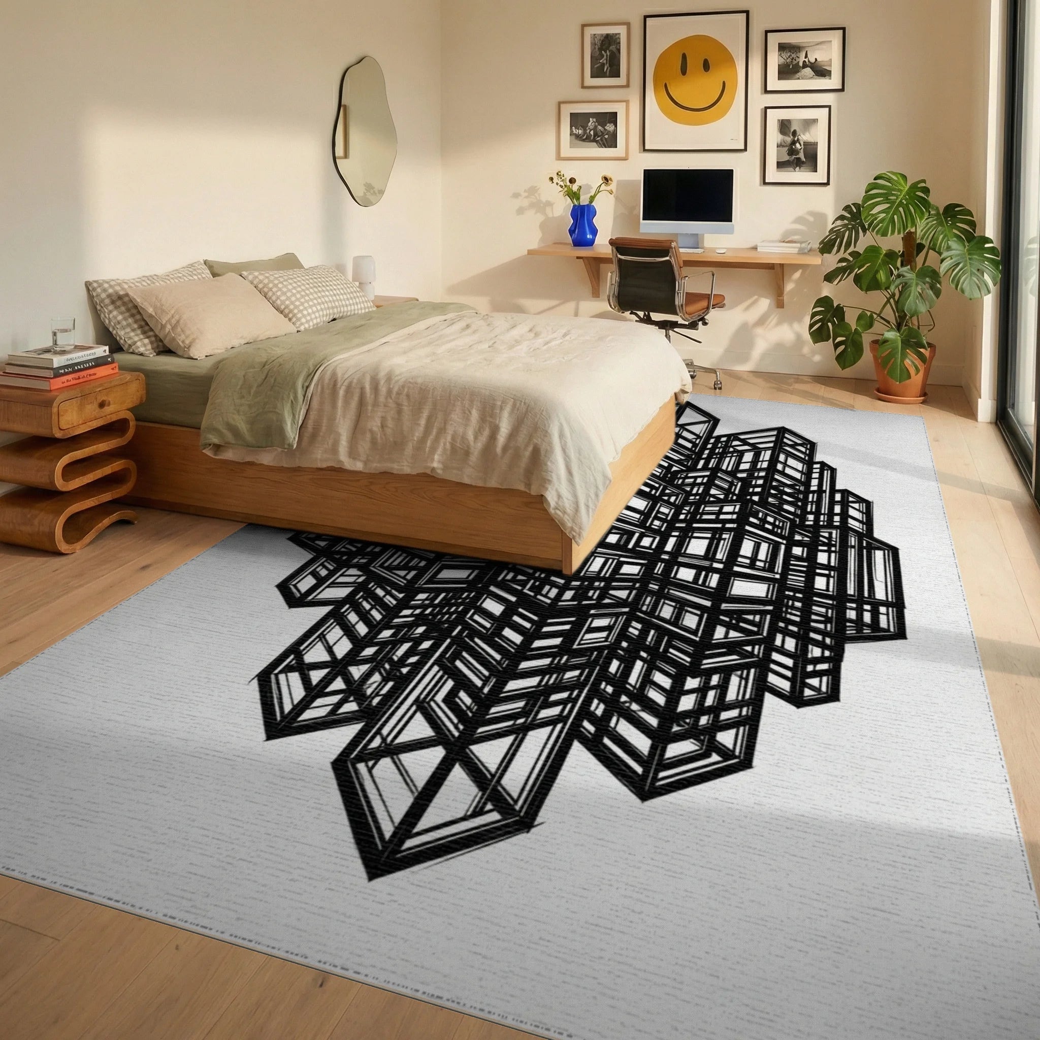 Black White Abstract Rug - bedroom