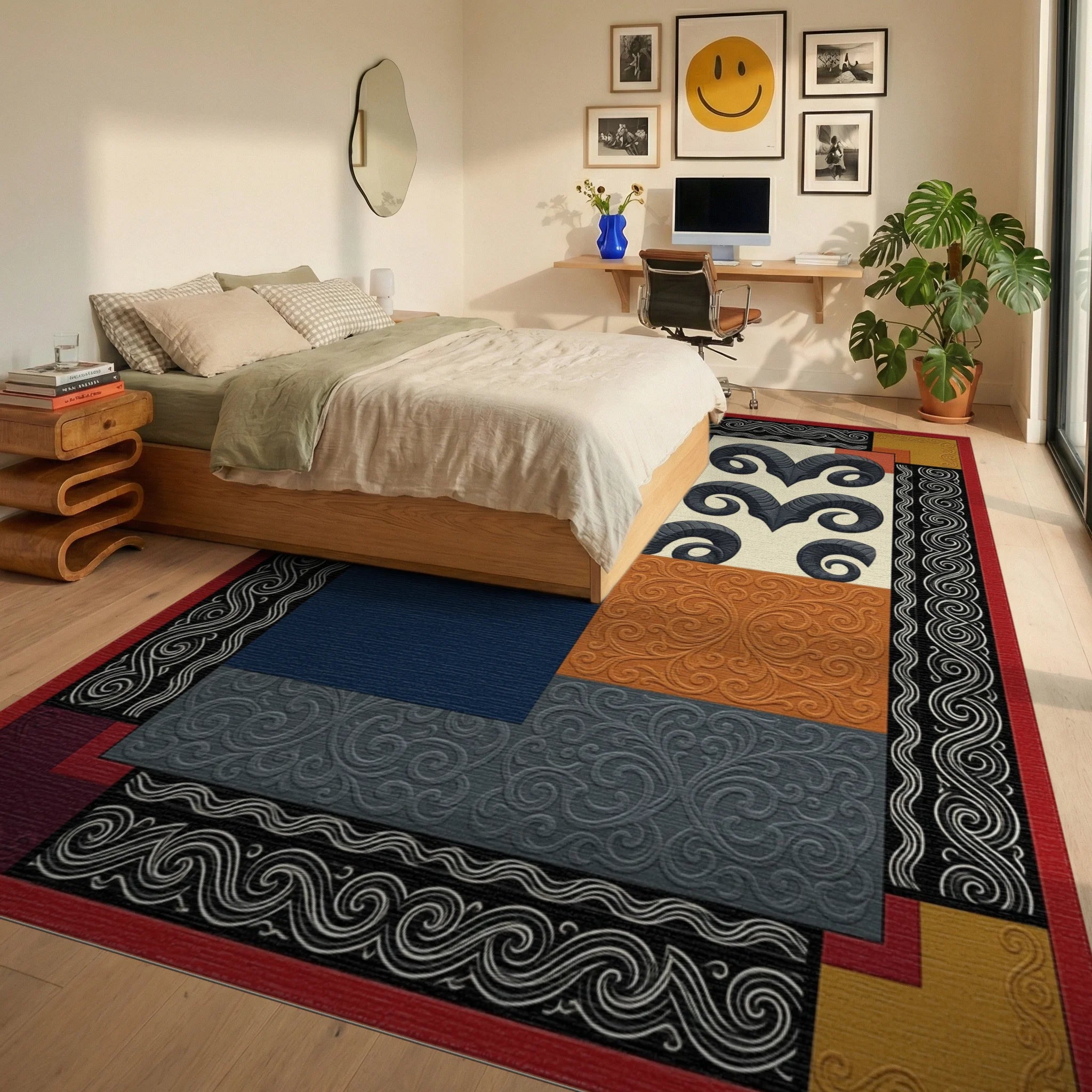 Navy Blue Cream Rug - bedroom