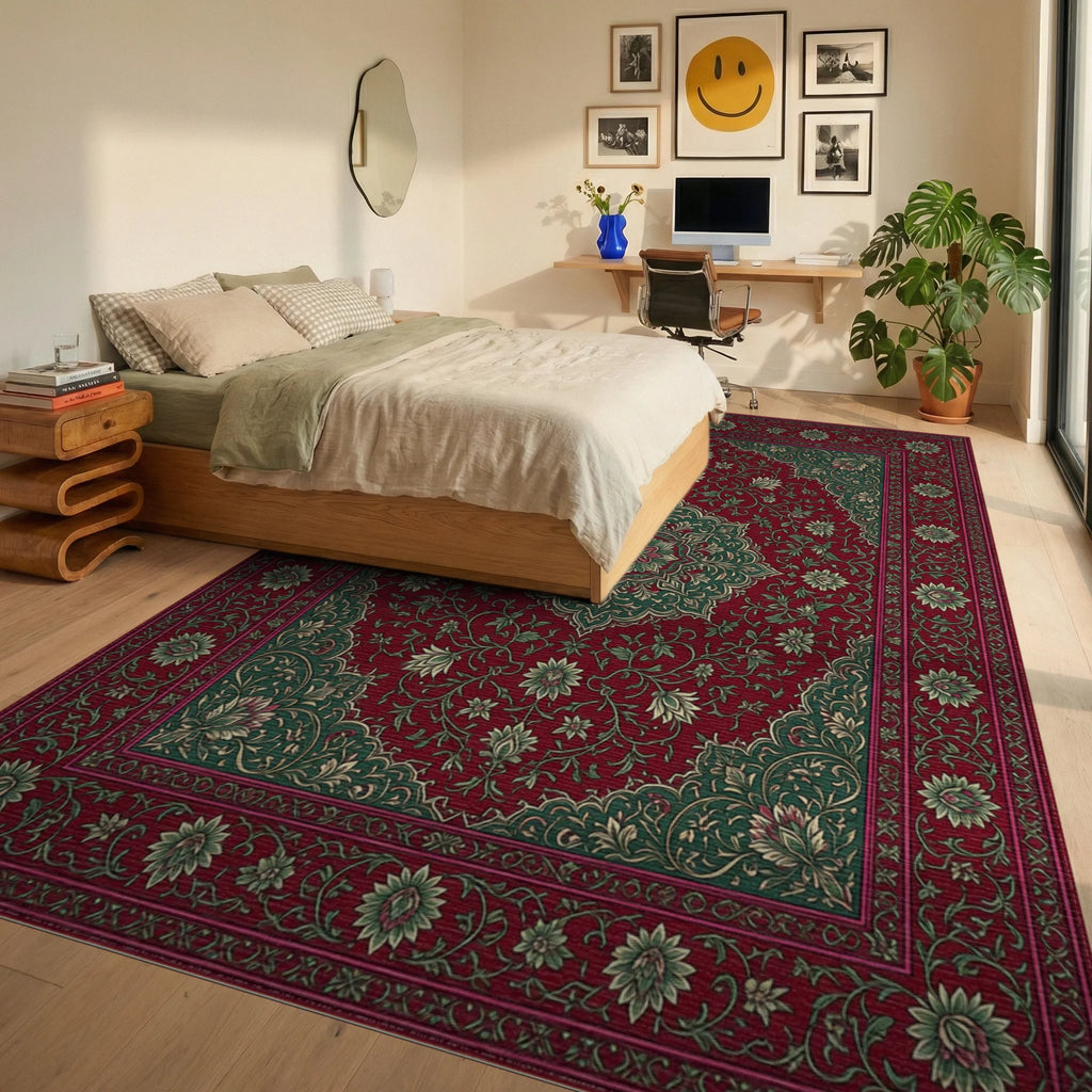 Ornate Medallion Crimson Floral Rug - bedroom