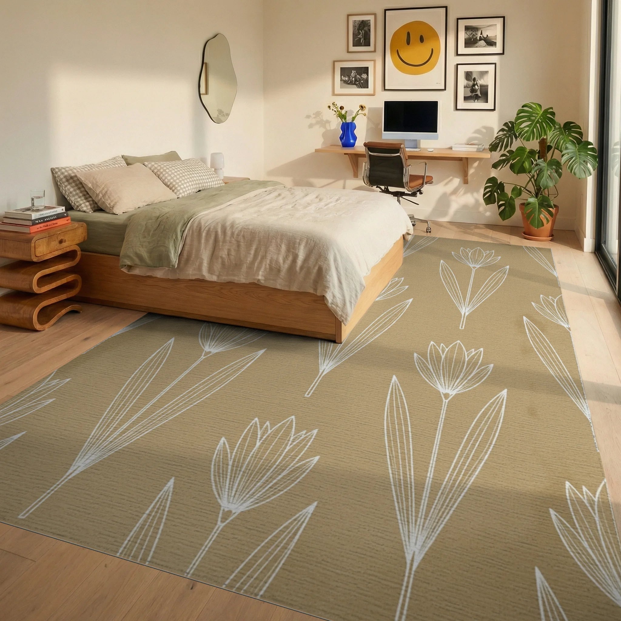 Beige White Floral Rug - bedroom