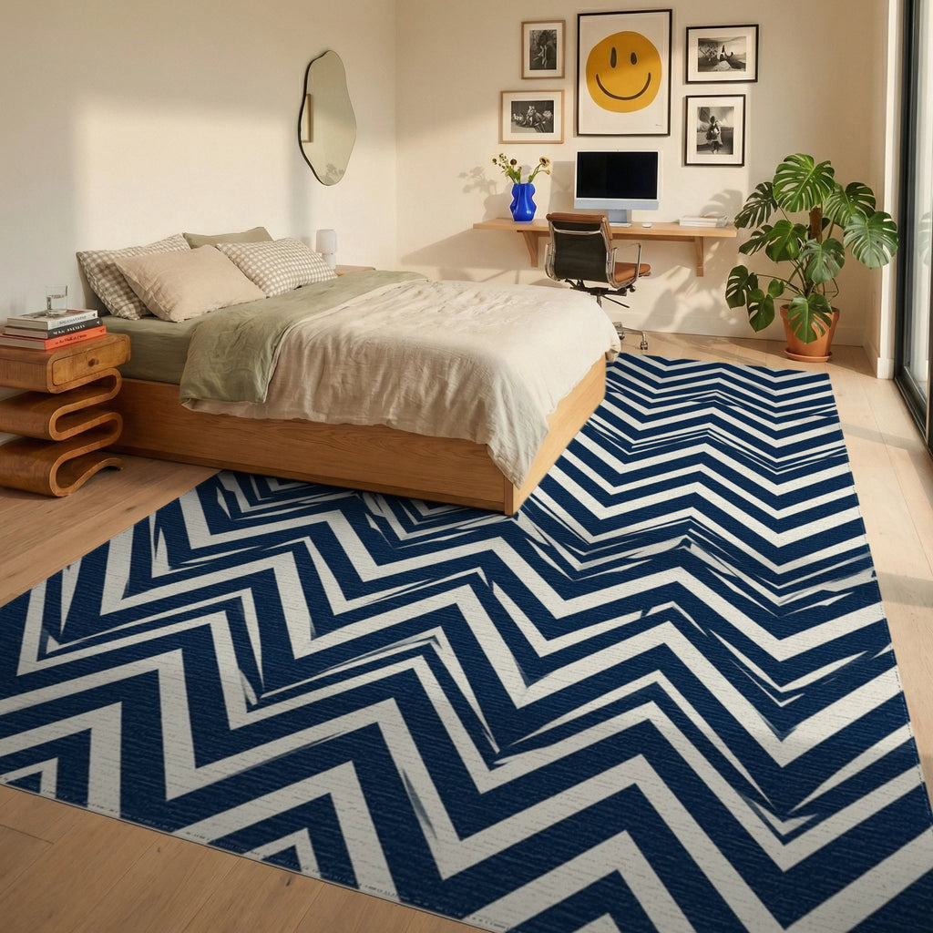 Navy Blue Interlocking Chevron Geometric Rug - bedroom