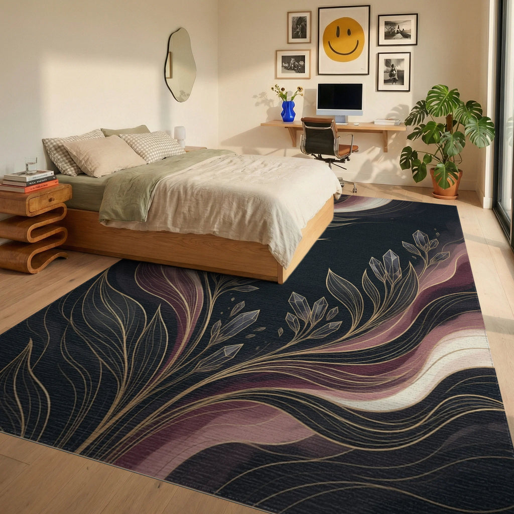 Fluid Botanical Charcoal Gold Rug - bedroom