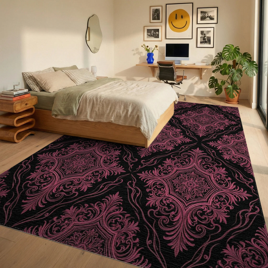 Vintage Black Magenta Rug - bedroom