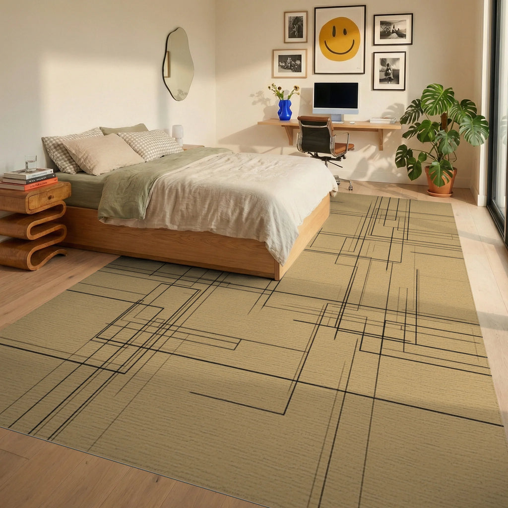 Minimalist Geometric Cream And Black Rug - bedroom