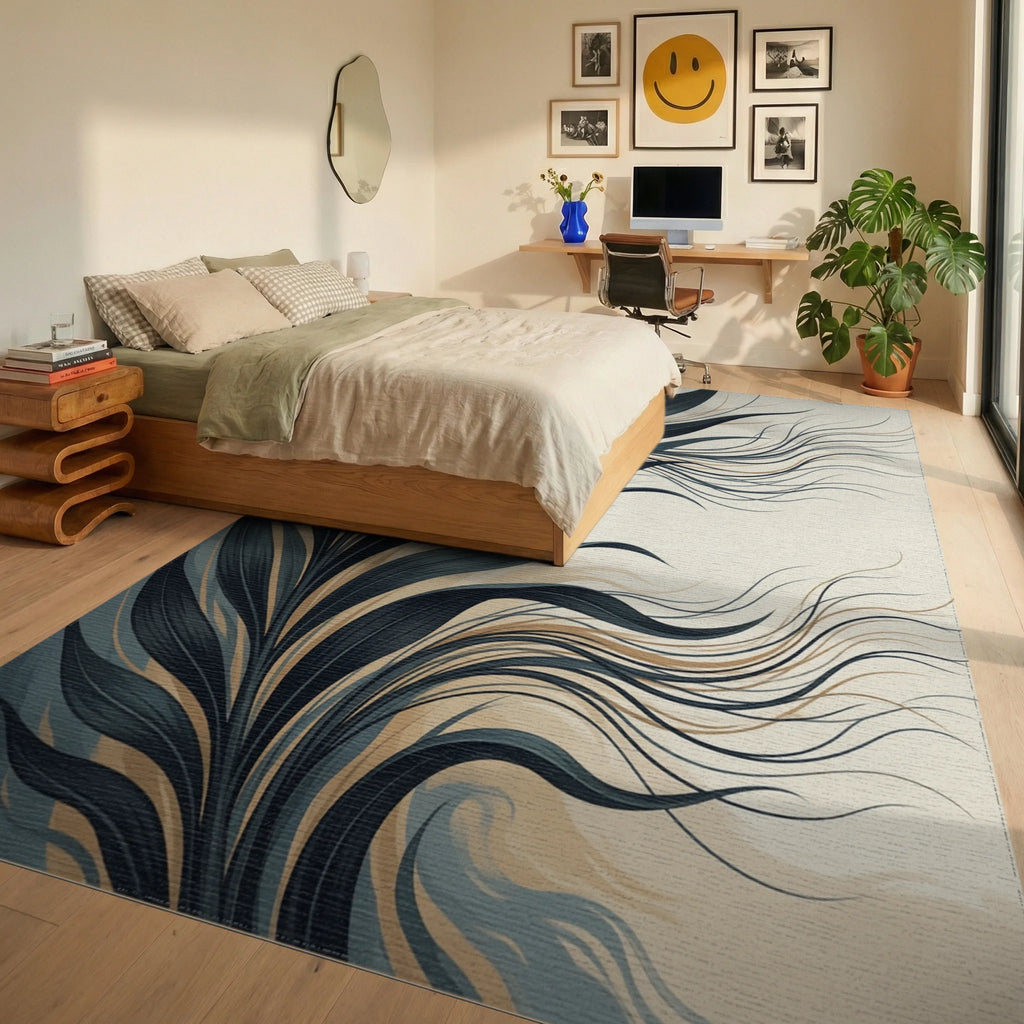 Minimalist Botanical Charcoal Ivory Rug - bedroom
