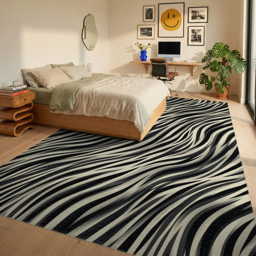 Black Gray Lines Rug - bedroom
