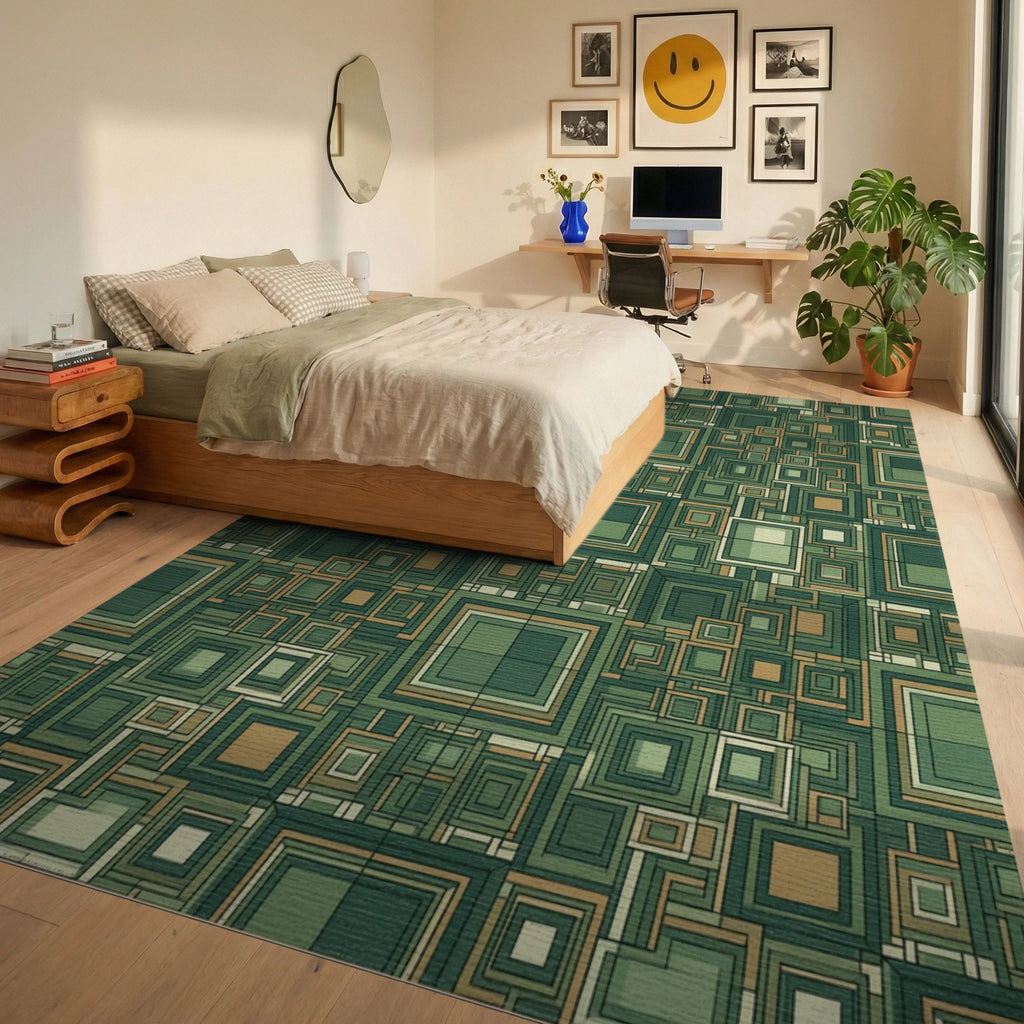 Green Forest Olive Rug - bedroom