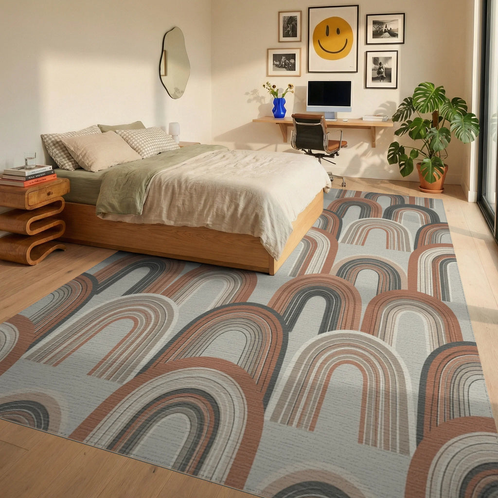 Minimalist Terracotta Arch Earth Tone Rug - bedroom