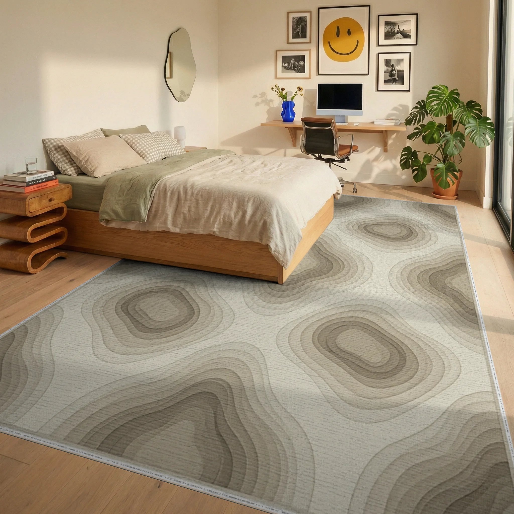 Cream Beige Geometric Rug - bedroom