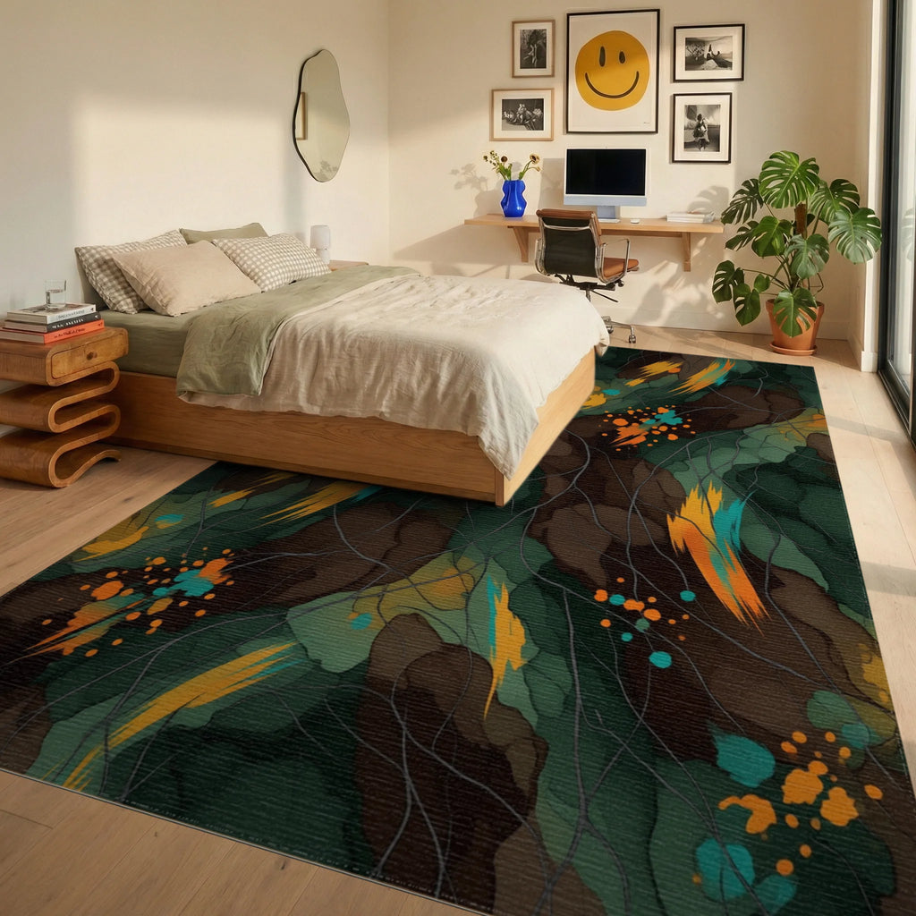 Forest Green Orange Rug - bedroom