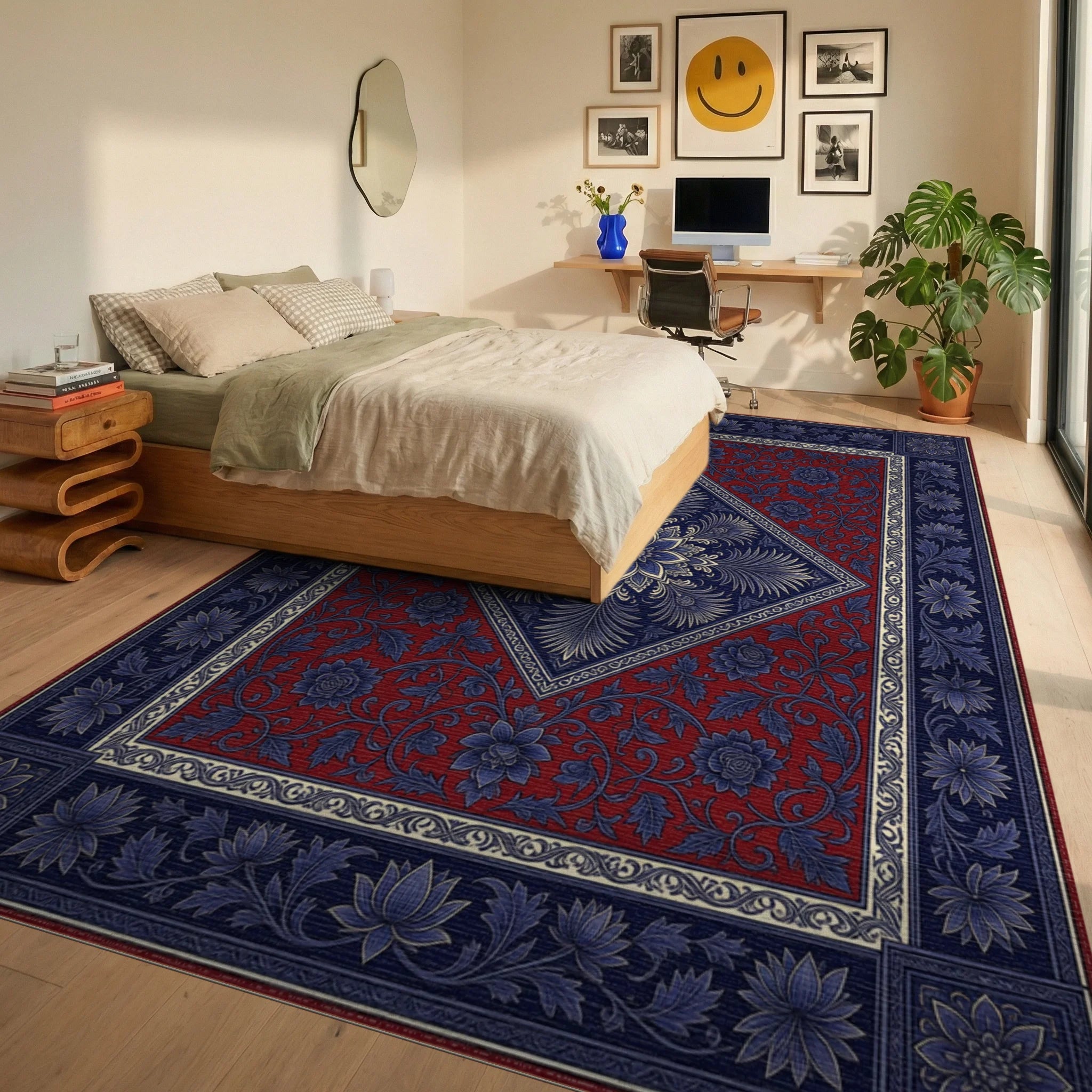 Indigo Red Floral Rug - bedroom
