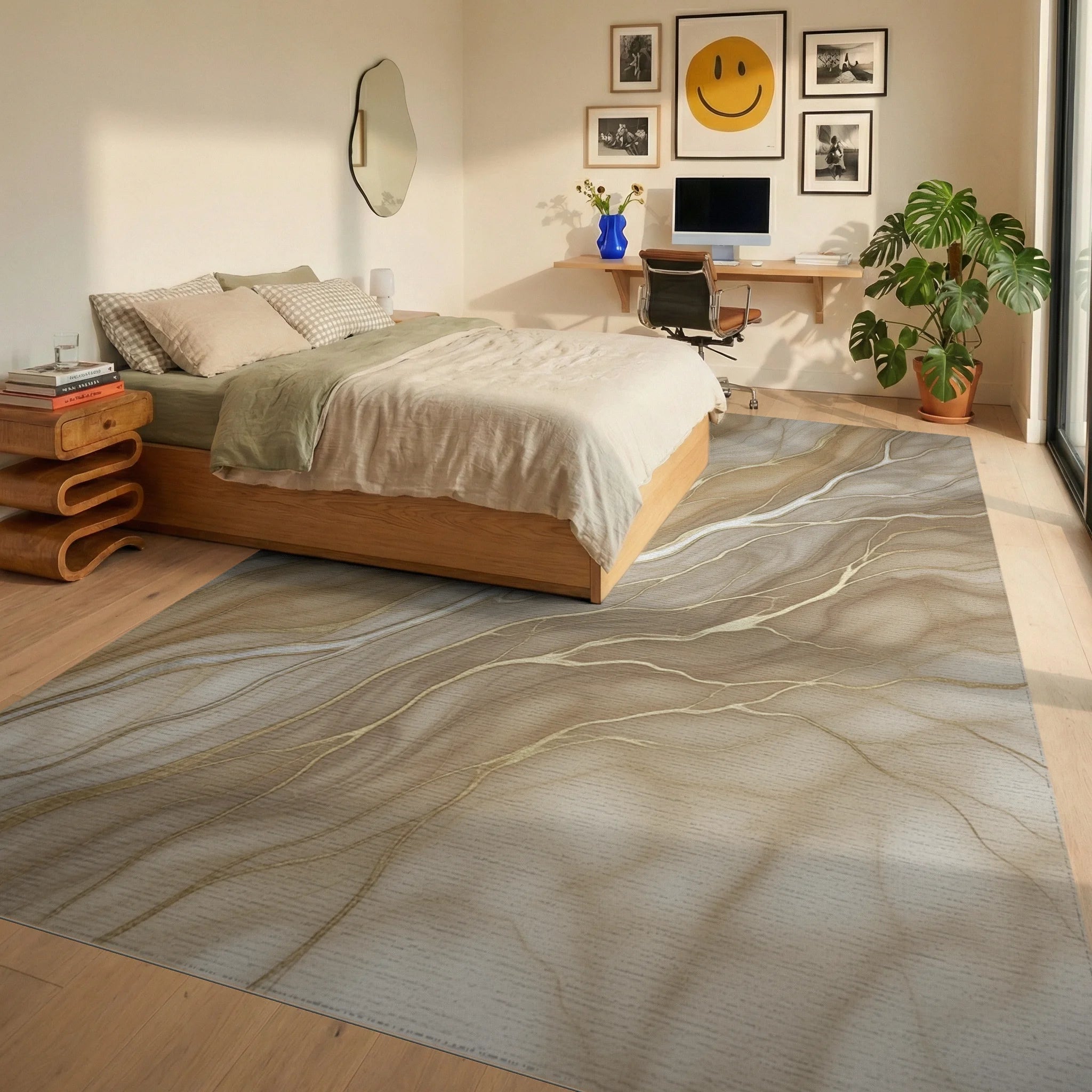 Beige White Gold Rug - bedroom