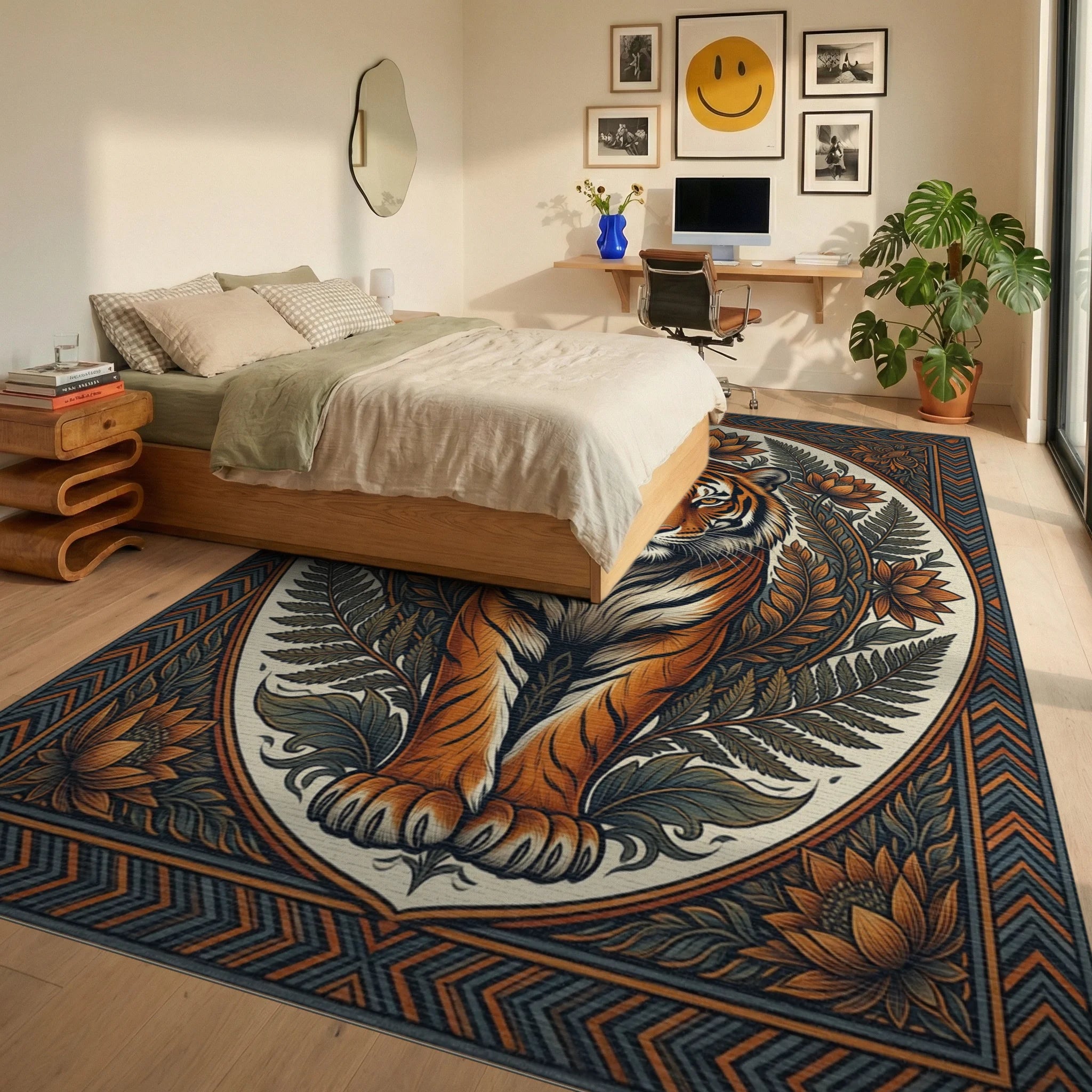 Symmetrical Tiger Medallion Area Rug - bedroom