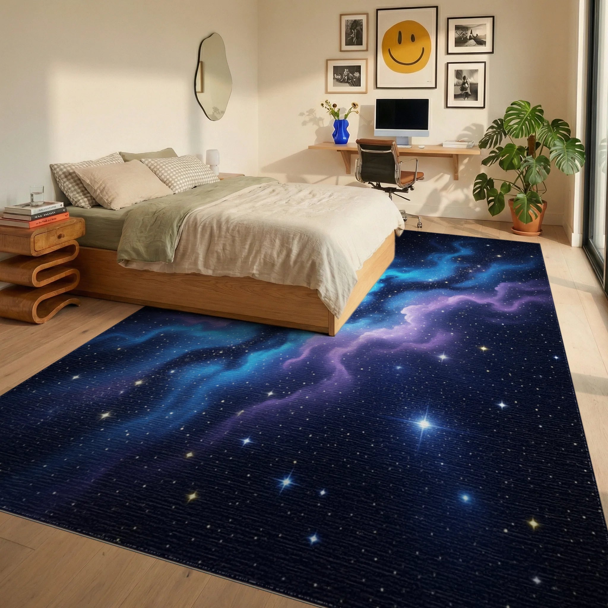 Navy Black Cyan Rug - bedroom