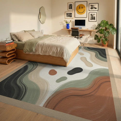 Beige Green Abstract Rug - bedroom