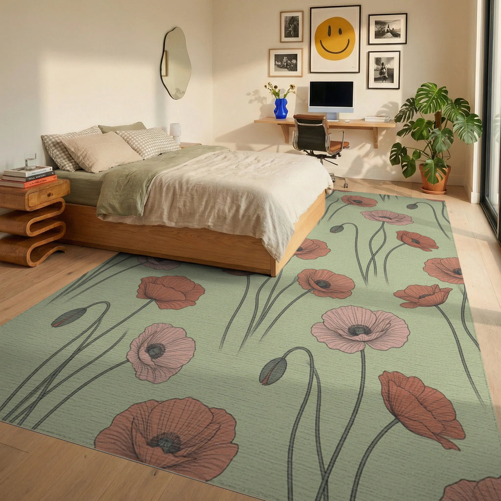 Olive Minimalist Floral Rug - bedroom
