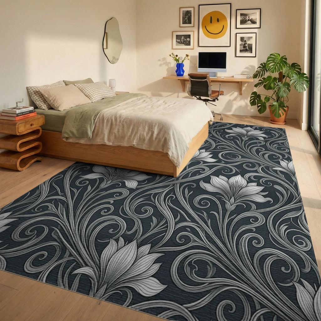 White Gray Floral Rug - bedroom