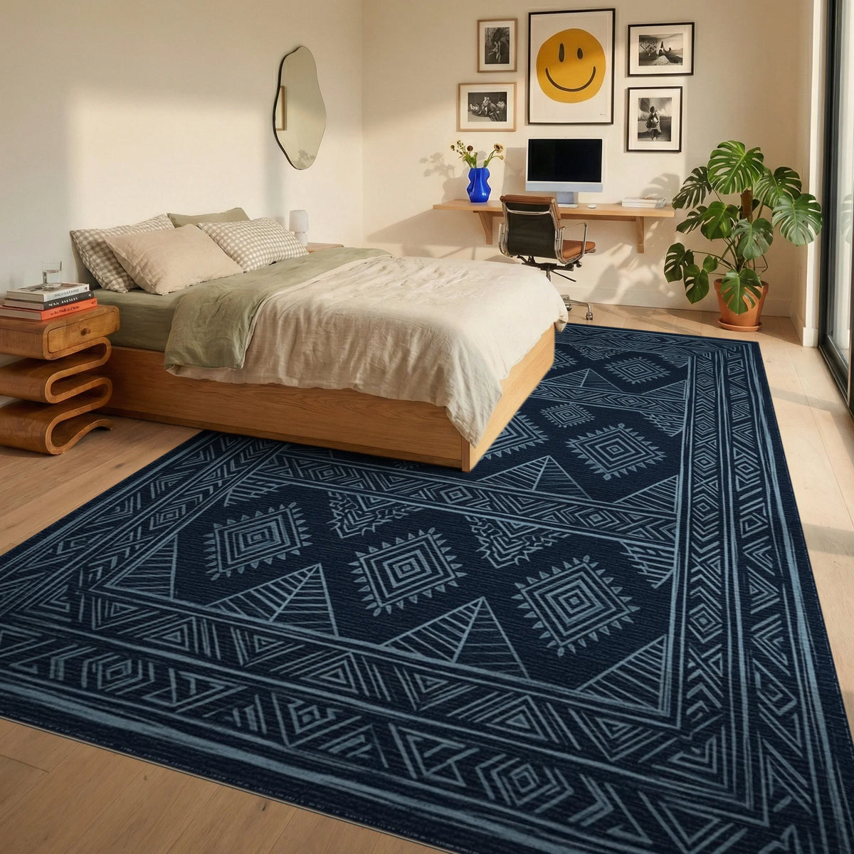 Monochromatic Navy Geometric Tribal Rug - bedroom