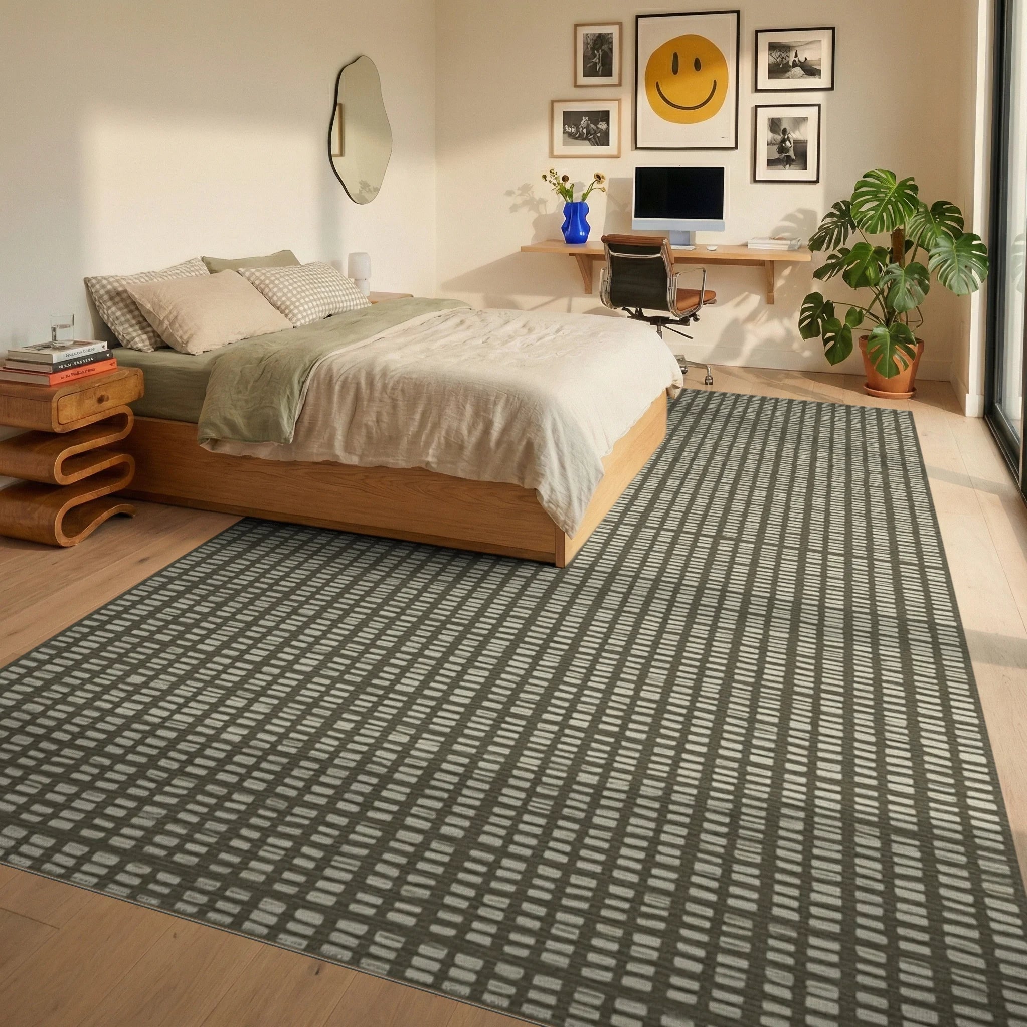 Neutral Grid Textured Linen Rug - bedroom