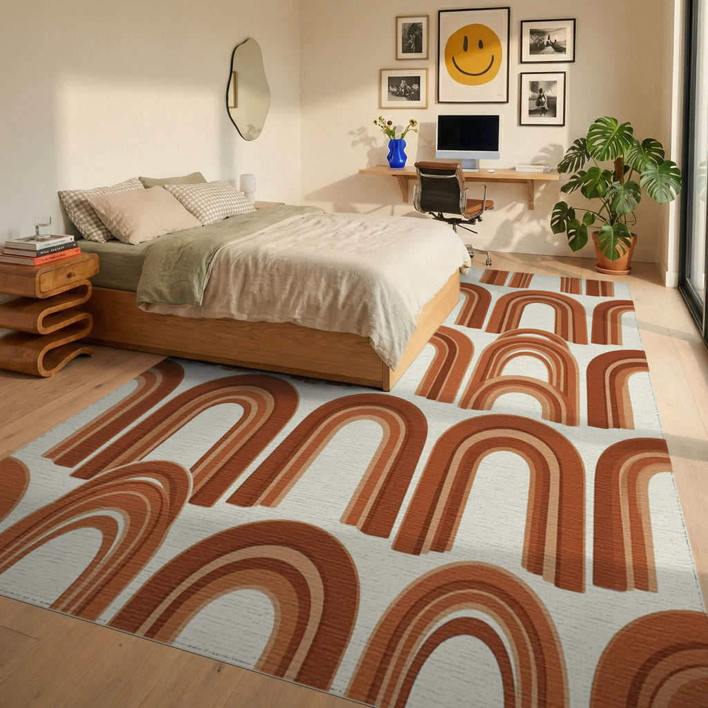 Terracotta Abstract Arch Boho Rug - bedroom