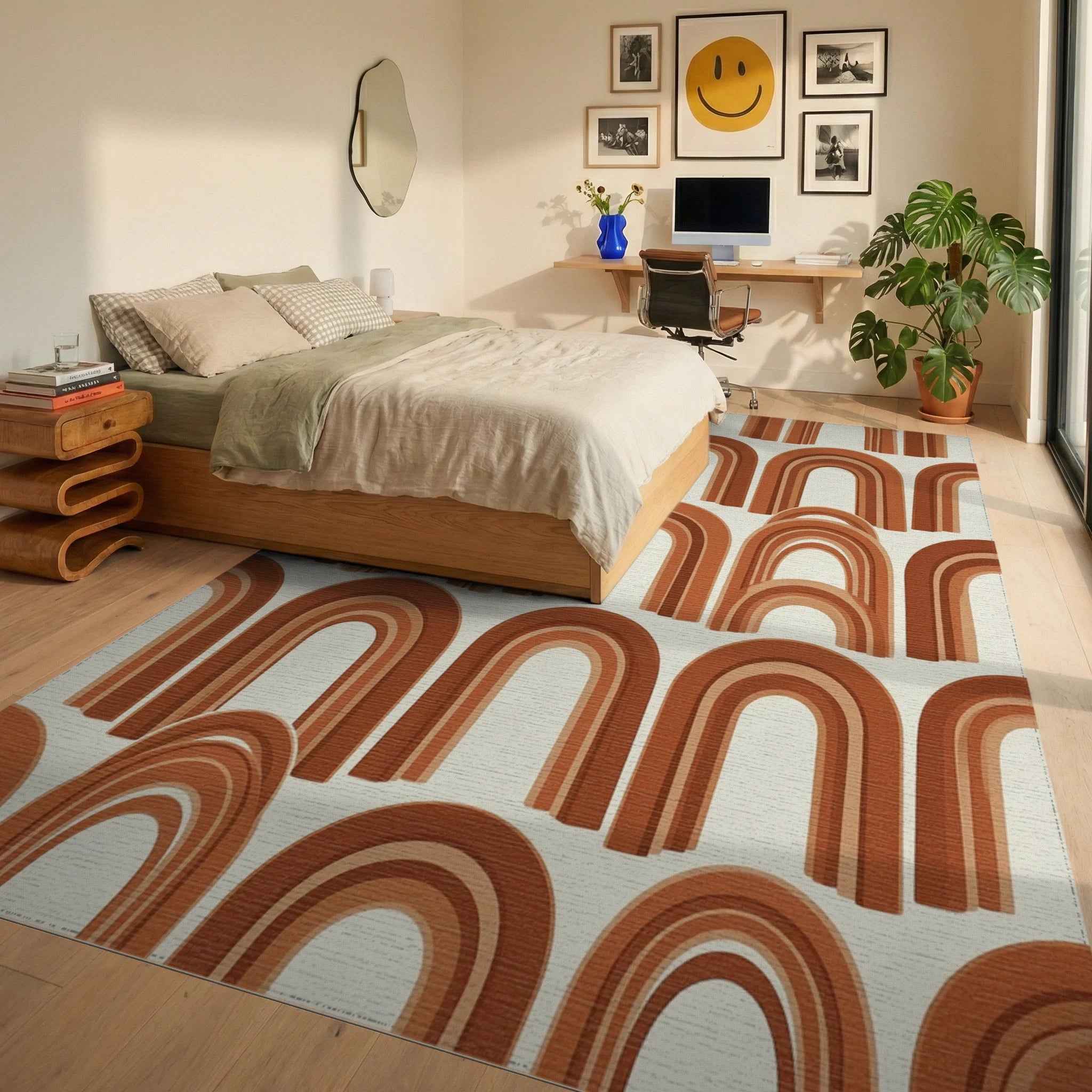 Terracotta Abstract Arch Boho Rug - bedroom