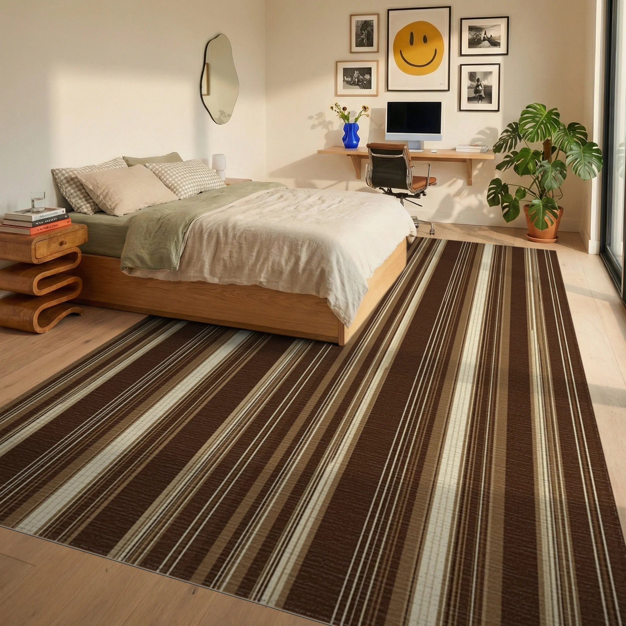 Cream Brown Modern Rug - bedroom