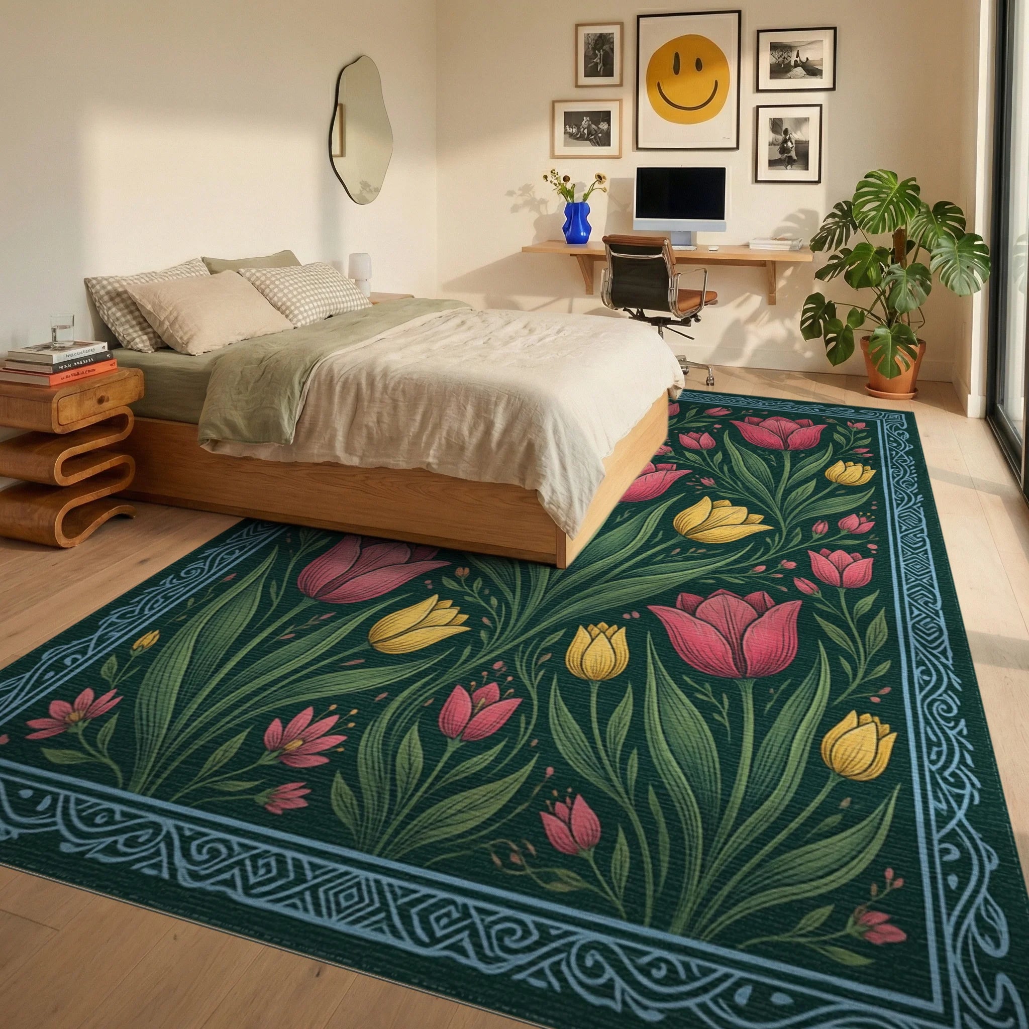Forest Green Pink Rug - bedroom