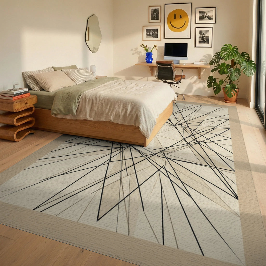 Minimalist Geometric Cream Black Rug - bedroom