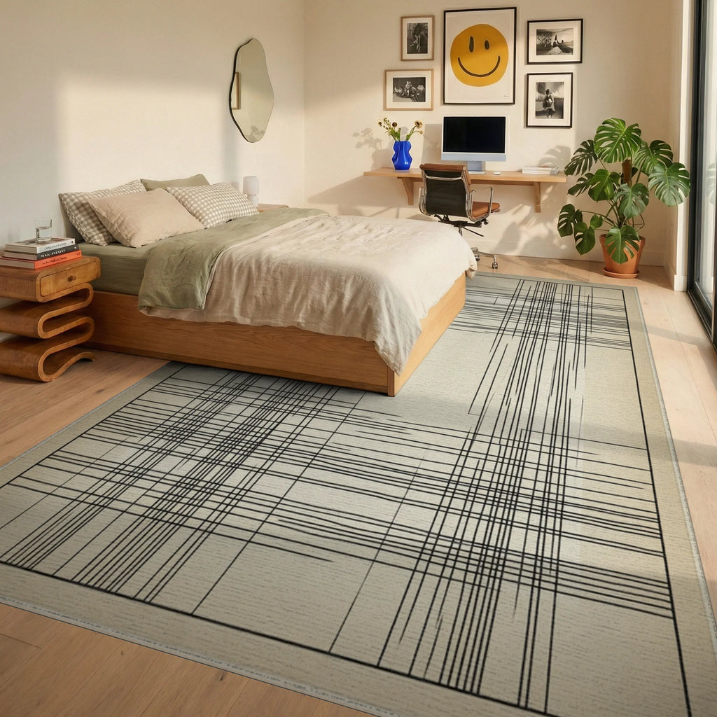 Minimalist Linear Oatmeal Area Rug - bedroom