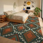 Orange Green White Rug - bedroom