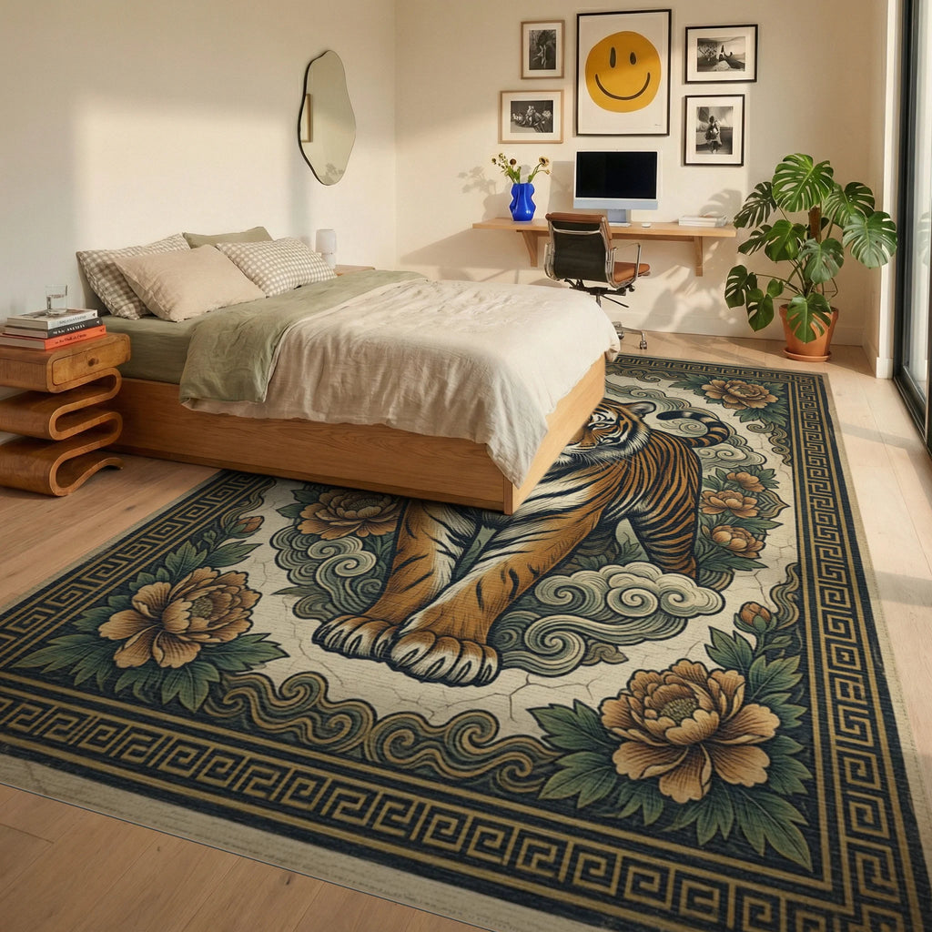 Tiger Peony Woodblock Print Area Rug - bedroom